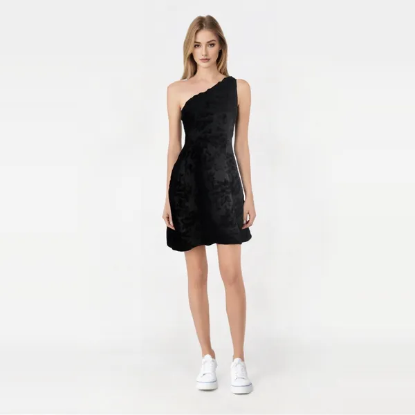 NWT PROSECCO Floral Velvet One Shoulder Black A Line Dress SZ-8 - Image 2