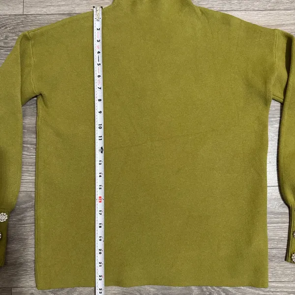 Cottagecore Mock Neck Puff Sleeve Sweater‎ Crystal Button Cuffs Olive Green Sz M - Image 10