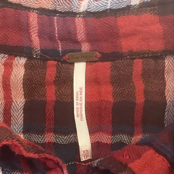 Free People XS Plaid Embroidered Button-Up Shirt Red/Blue Long Sleeve Cotton - Image 8