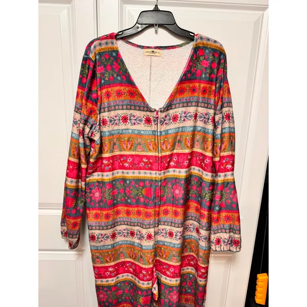 Natural Life Boho Floral Striped Fleece Jumpsuit‎ One Piece Pajama Lounger Large - Image 3