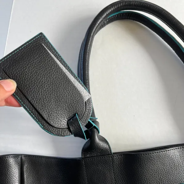 Black Deertan Cowhide Leather Tote Bag Teal Trim Classic Minimalist Purse‎ - Image 7