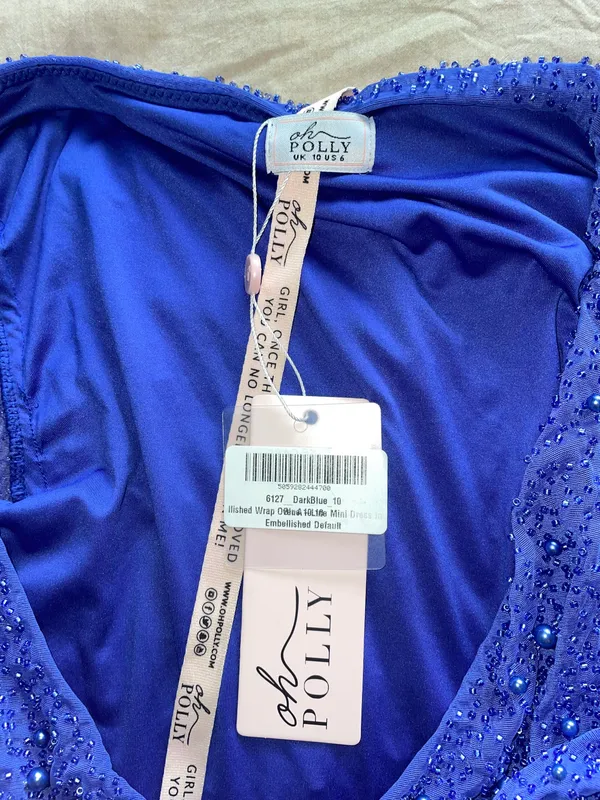 Oh Polly Chelsea Embellished Wrap Mini Dress in Dark Blue - Image 6