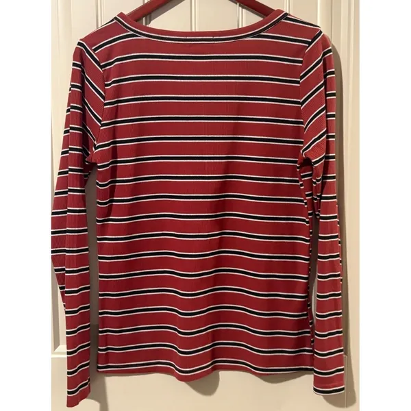 Eddie Bauer Rust/Black/Cream Striped Long Sleeve V-neck Shirt - Image 3