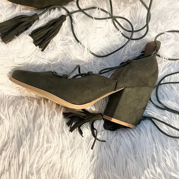 Olive Green Lace-Up ballerina Block pointed Heels - Image 3