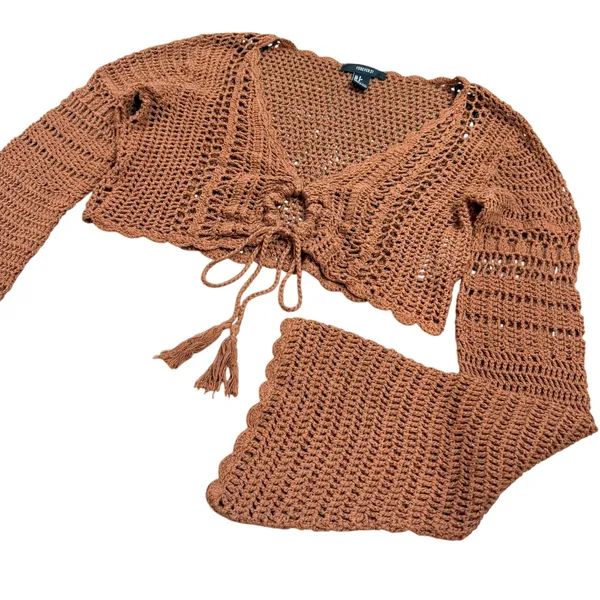 Forever 21 Retro Crochet Knit Bell Sleeves Crop Top 100% Cotton Size Small Brown - Image 3
