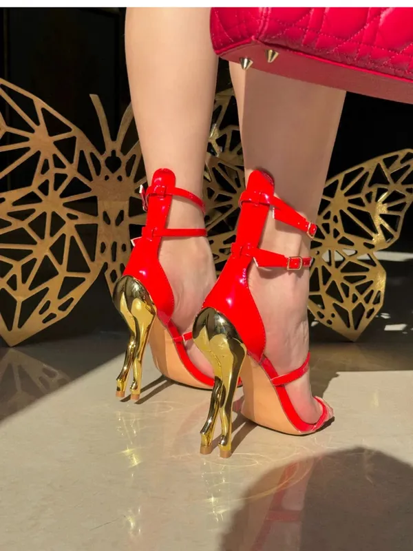 Cape Robbin Red Strappy Heeled Sandals with Gold Sculpted Heel - Image 5