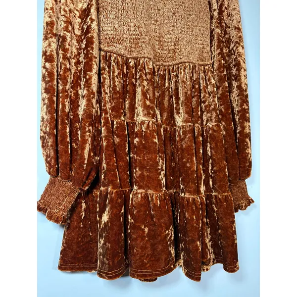 Flying Tomato Mini Dress Copper Crushed Velvet Smocked Fall Holiday Size M - Image 3