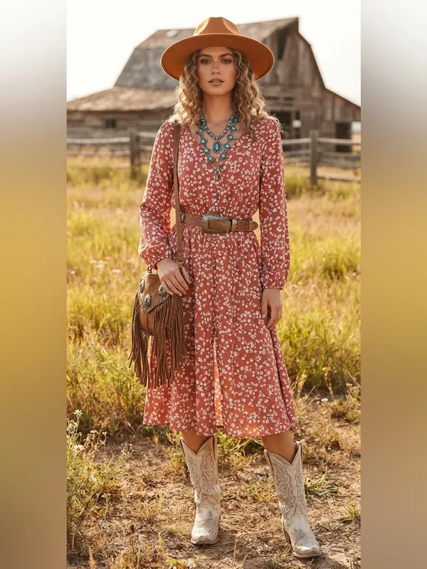 Índigo Rose Rust Floral V-Neck Midi Dress with Long Sleeves size L fall ready - Image 3
