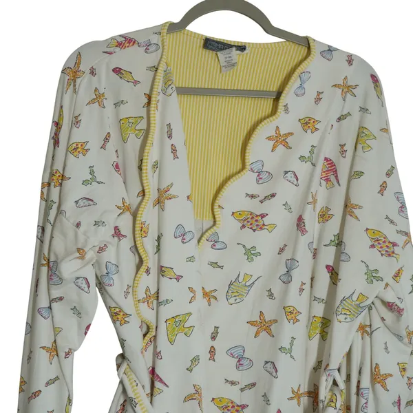 Vintage Prima Donna Cotton Robe Small Fish Starfish Print Yellow Trim Beach 90s - Image 3