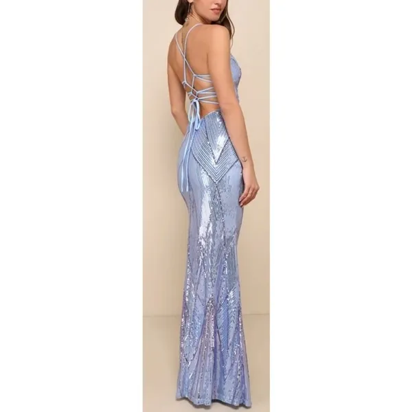 Lulus Flawless Glow Periwinkle Iridescent Sequin Lace-Up Maxi Dress Sz. S - Image 4