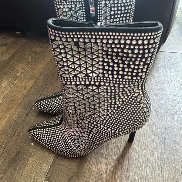 Jolimall Black Rhinestone‎ Mirror Studded Pointed Toe Stiletto Ankle Boots 8 - Image 7