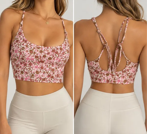 JoyLab Floral Longline Sports Bra Small Pink Brown Strappy Yoga Crop Top - Image 2