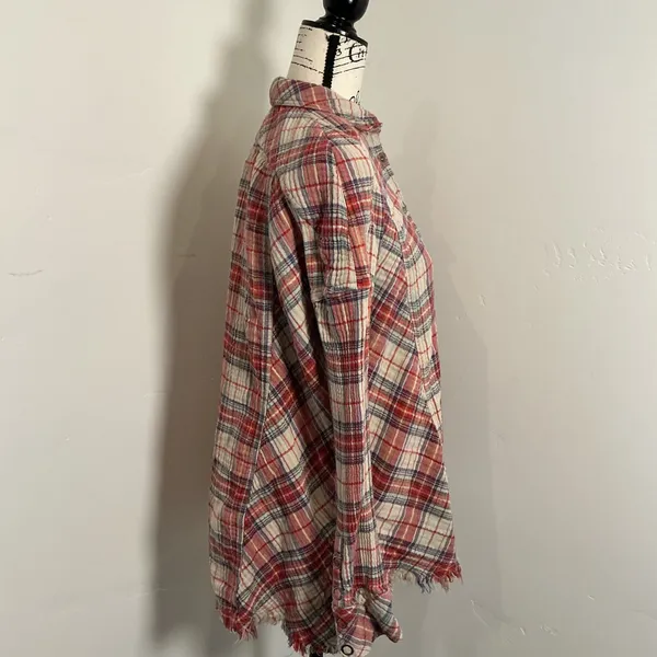 Free People Plaid Button Down Shirt Red Blue Frayed Hem Small Oversized Boho Top - Image 2