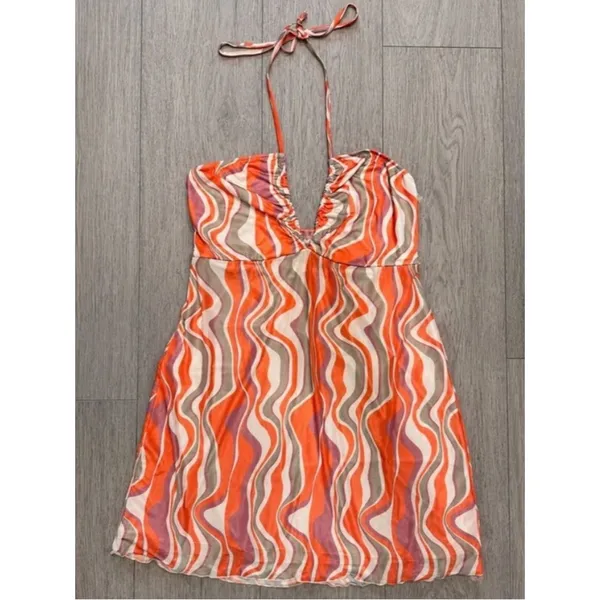 Show Me Your Mumu Outgoing Mini Dress Wavy Stripe Halter Orange Coral Retro Y2K - Image 2