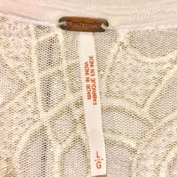 FREE PEOPLE Boho Marigold Buttondown Cream Netallic Lace Flowy Blouse Top L - Image 8