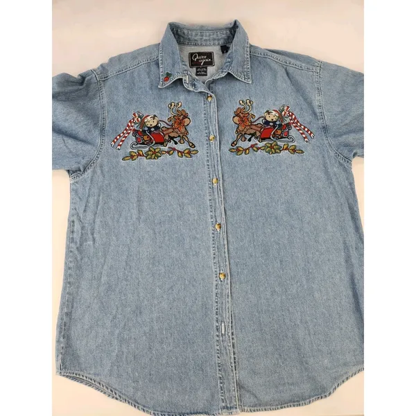 Vintage Embroidered Holiday SOFT Denim Shirt Reindeer Sleigh Bear Teacher Large - Image 9