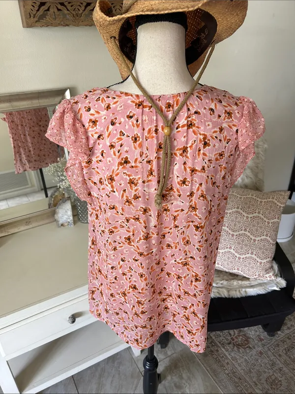 Anthropologie DR pink boho babydoll cottage western floral ruffle tie front top blouse S M - Image 6