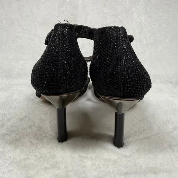 Franco Sarto Rania Black Glitter Square Toe Sculptural Heel Sandals‎ Womens 8M - Image 6