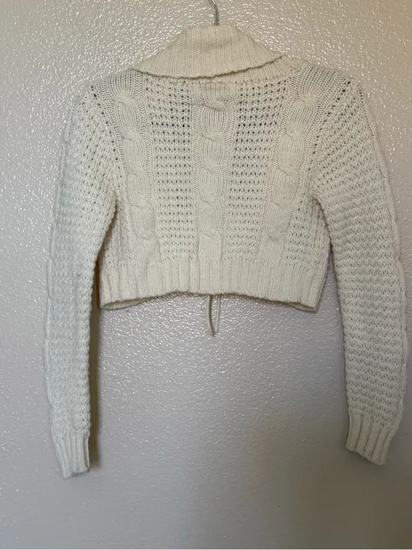 New York & Company Wool Cable Knit Cropped Tie Cardigan Y2K Coquette S - Image 7