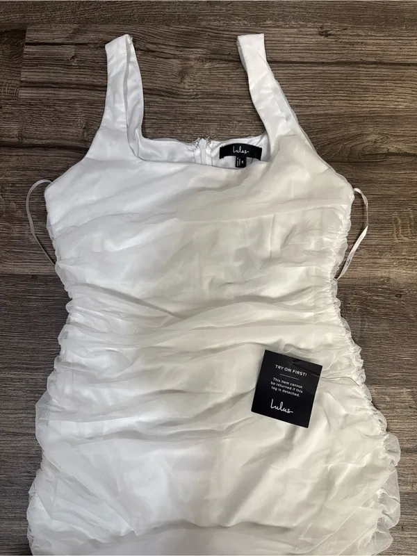 Lulus White Ruched Mesh Overlay Satin Mini Dress NWT - Image 3