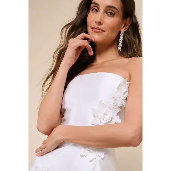 Lulus Mini Dress Womens White Destiny 3D Floral Applique Strapless Bridal - Image 4