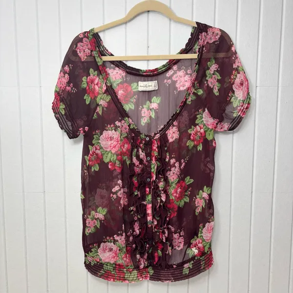 Abercrombie & Fitch Burgundy Maroon Floral Sheer Blouse‎ Boho Size L - Image 3