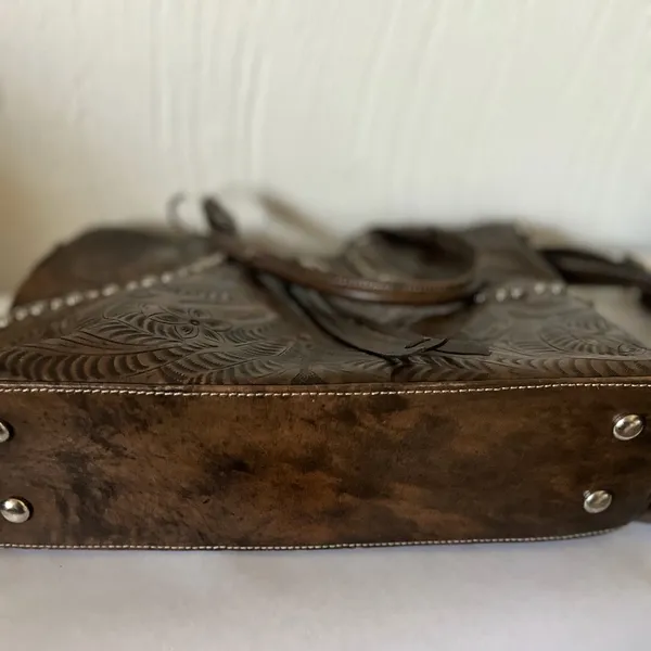 American West Hand Tooled Leather Handbag Western Bag Shoulder Purse Tassel - Image 8