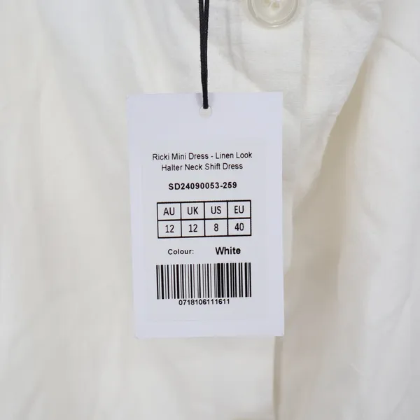Showpo Ricki Mini Dress White Linen Blend Halter Neck Button Front Size 8 - Image 5