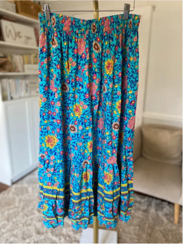 HOTOUCH XL Turquoise Floral Maxi Skirt Tiered Ruffle Slit Cottagecore Boho Flowy - Image 2