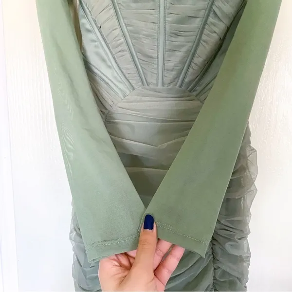 House Of CB Dress Freyja Gathered Corset Ruched Satin Mesh Knee Green‎ Small EUC - Image 4