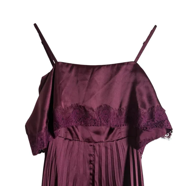 ASOS Plum Burgundy Satin Lace Trim Pleated Cold Shoulder Maxi Dress Size 4 - Image 4