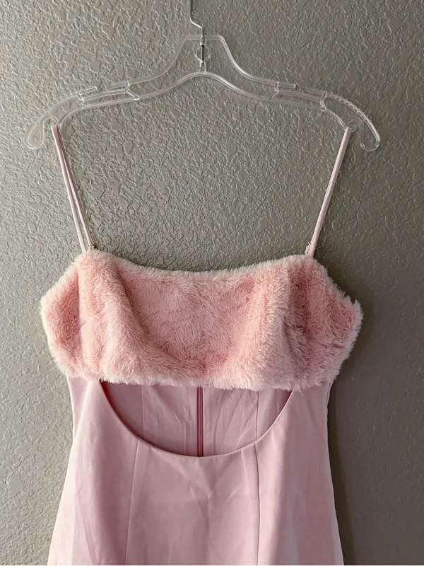 Naked Wardrobe Baby Pink Faux Fur Trim Bodycon Mini Dress Y2K - Image 3