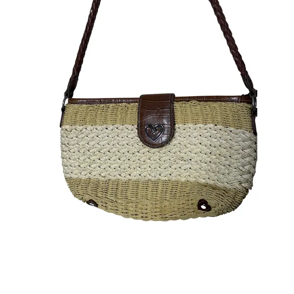 Vintage Coldwater Creek Woven Straw Shoulder Bag Brown Heart Medallion - Image 2