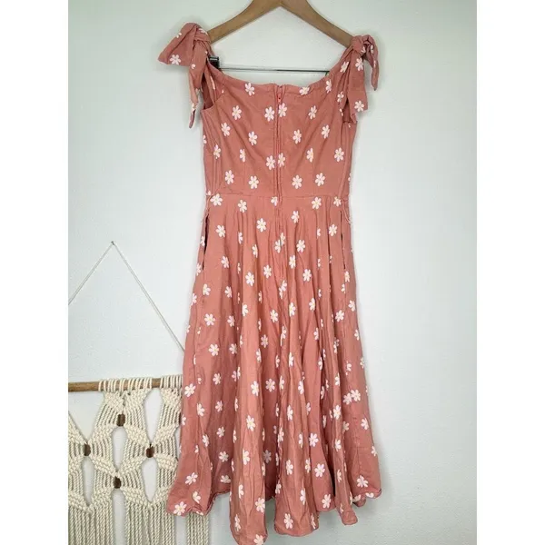 Unique Vintage Daisy Dress Coral Pink Floral Print A-Line Sweetheart Tie Straps - Image 2