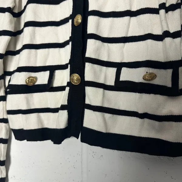Marled Women Striped Cardigan Sweater White Black Gold‎ Crest Buttons Small prep - Image 3
