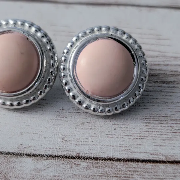 Vintage Clip On Earrings Light Pink Center with Silver Tone Halo - Image 3