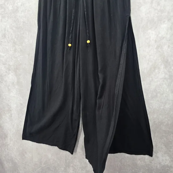 Black Wide Split Flowy Straight Beach Vacation Lounge 90s Pullon Boho Pants XS‎ - Image 10