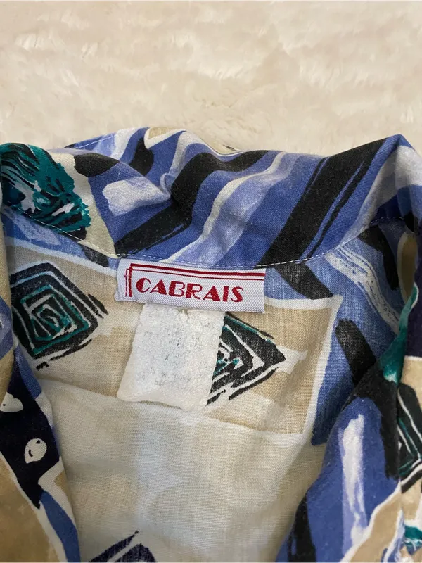 Cabrais woman’s vintage 90s short sleeve button down shirt blouse abstract blue - Image 4