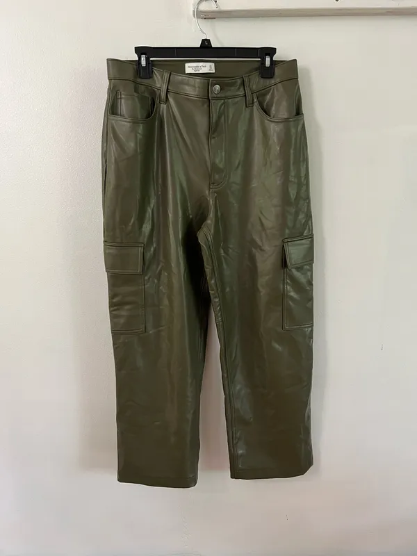 Abercrombie & Fitch Olive Green Faux-Leather Wide Leg Cargo Pants - Image 4