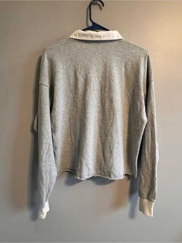 Aerie Gray Cropped Rugby Polo Sweatshirt White Collar Women’s S - Image 3