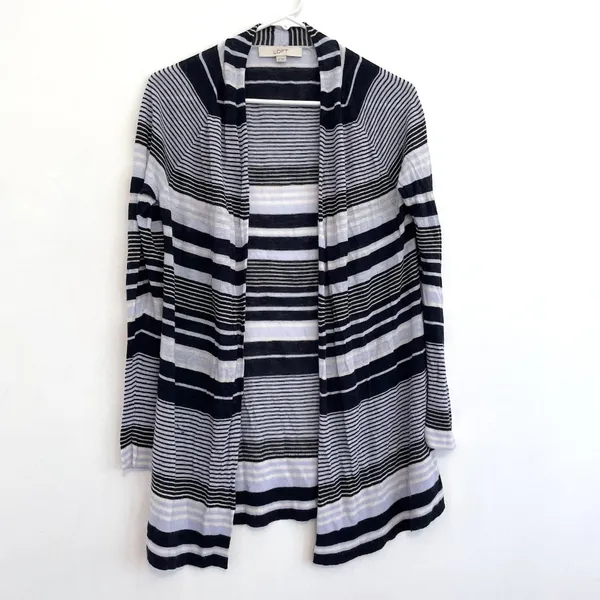 ANN TAYLOR LOFT Striped Fine Knit Open Cardigan Blue / Periwinkle ? Navy Sweater - Image 3