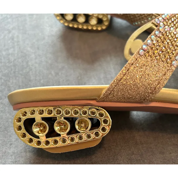 Gold Rhinestone Butterfly Slide Sandals Architectural Crystal Block Heel - Image 2