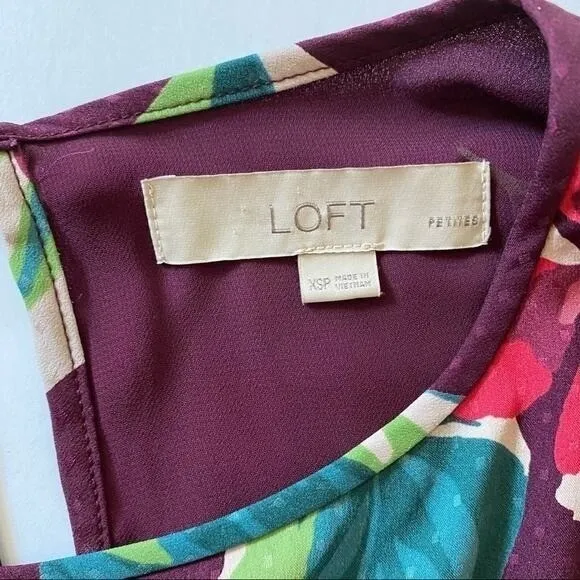 LOFT Womens Plum Purple Tropical Floral‎ Puff Sleeve Shift Dress XSP Petites - Image 6