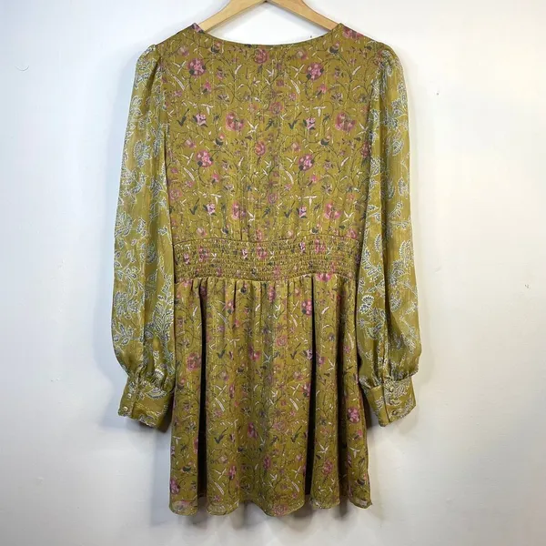 House of Harlow 1960 Mustard Floral Smocked Long Sleeve Flowy Smocked dress M - Image 6