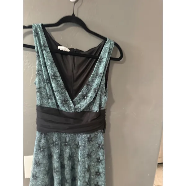 London Times Teal Black Geometric Print Cocktail‎ Dress Ruched Waist Tie 10 - Image 4