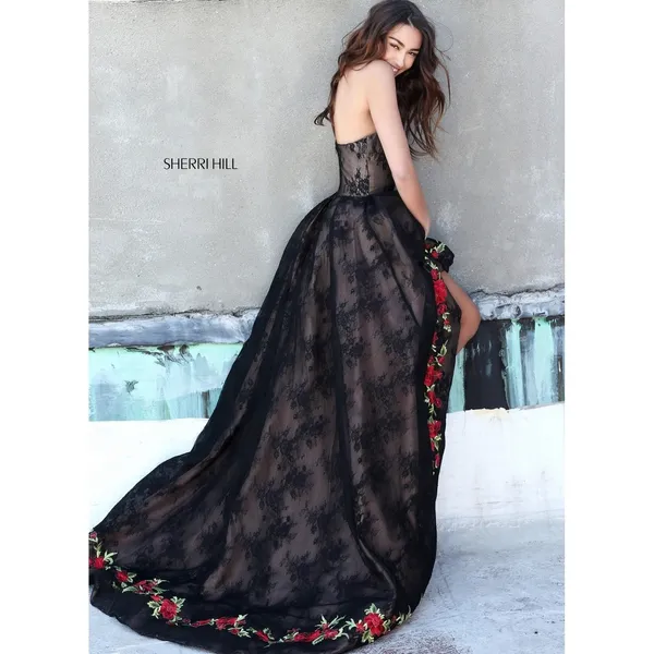 Sherri Hill 51252 Black Lace‎ Floral Embroidered High Low Gown Size 0 New! - Image 4