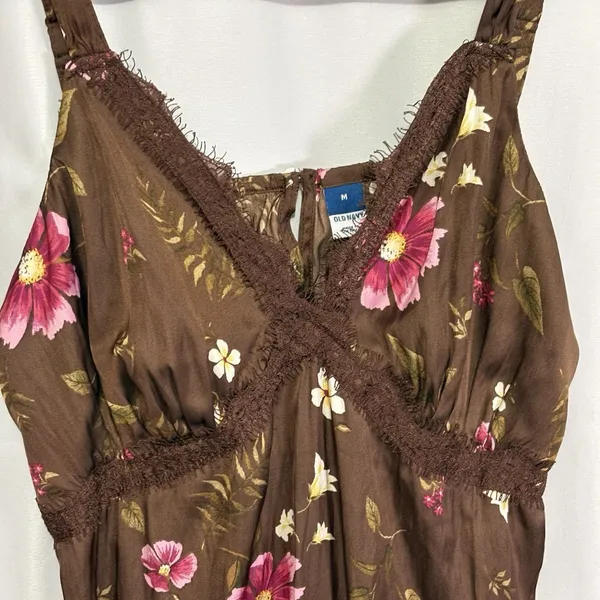 Old Navy Women’sLace-Trimmed Satin Cami Slip Dress M Brown Floral Midi Babydoll - Image 9