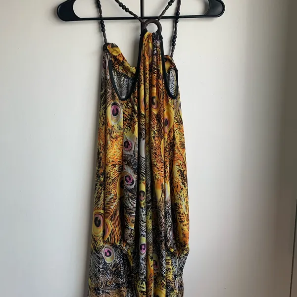 Peacock Print Halter Dress Yellow Size M - Image 2