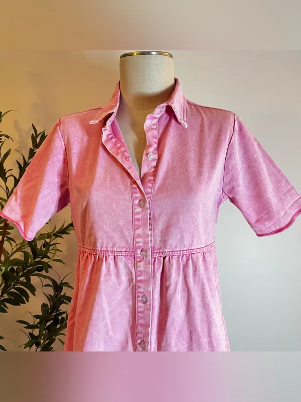 Pink Button-Front Denim Shirt Dress - Image 2