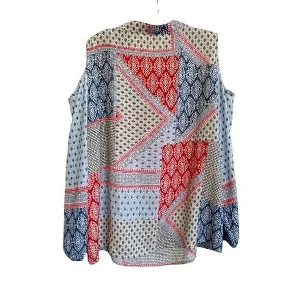 Chicos Cold Shoulder‎ Tie Neck Patchwork Blouse Red White Blue Size 2 Large - Image 9